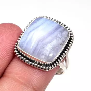 Кольцо из натурального голубого кружевного агата с драгоценным камнем из стерлингового серебра 925 пробы S.7 L0C68