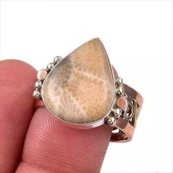 Кольцо из натурального ископаемого коралла из стерлингового серебра 925 пробы в двух тонах S.9.5 e2Y01