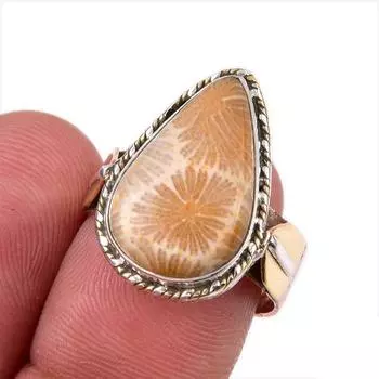 Кольцо из натурального ископаемого коралла из стерлингового серебра 925 пробы в двух тонах S.7.5 G2E36