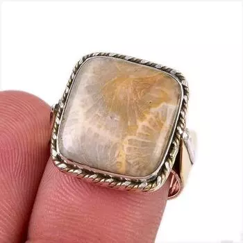 Кольцо из натурального ископаемого коралла из стерлингового серебра 925 пробы в двух тонах S.7 F8E65