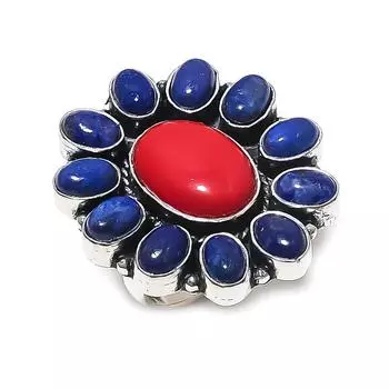 Кольцо из натурального итальянского красного коралла, лазурита, стерлингового серебра 925 пробы, размер 8 Q3K52