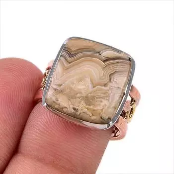 Кольцо из натурального кружевного агата Crazy Lace Agate из стерлингового серебра 925 пробы, двухцветное, размер S.7 I8R81