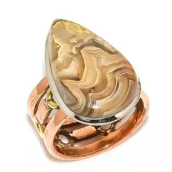 Кольцо из натурального кружевного агата Crazy Lace Agate, двухцветное, из стерлингового серебра 925 пробы, размер 6,5 M7P13