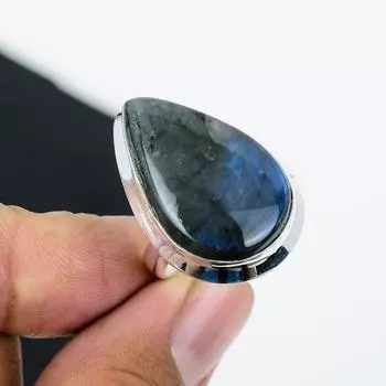 Кольцо из натурального лабрадорита, регулируемое, из стерлингового серебра 925 пробы — подходит для размеров США от 6 до 11 — украшения ручной работы в стиле бохо для женщин и мужчин, подарки из ватного тампона Adjustable синий