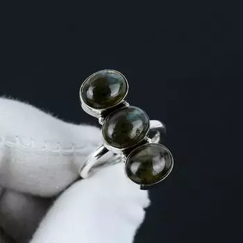 Кольцо из натурального лабрадорита, регулируемое, из стерлингового серебра 925 пробы — подходит для размеров США от 6 до 10 — украшения ручной работы в стиле бохо для женщин и мужчин, подарки на День святого Валентина Adjustable чёрный