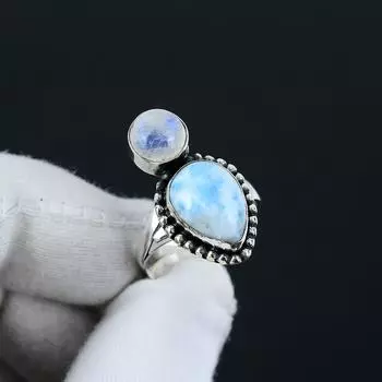 Кольцо из натурального ларимара и лунного камня, регулируемое, из стерлингового серебра 925 пробы — подходит для размеров США от 6 до 10 — украшения ручной работы в стиле бохо для женщин и мужчин, подарки на День святого Валентина Adjustable синий