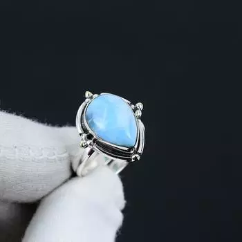 Кольцо из натурального ларимара, регулируемое, из стерлингового серебра 925 пробы — подходит для размеров США от 6 до 10 — украшения ручной работы в стиле бохо для женщин и мужчин, подарки на День святого Валентина Adjustable синий