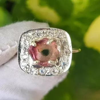 Кольцо из натурального лиддикоатита с турмалином и фианитами из стерлингового серебра 925 пробы, размер 5,75 США, A84, подарок 5.75 US