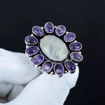 Кольцо из натурального лунного камня, кольцо с аметистом, кольцо из стерлингового серебра 925 пробы, подарок для нее, овальный камень, элегантное кольцо ручной работы, серебряное кольцо с цветком из лунного камня US 4 белый