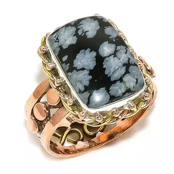 Кольцо из натурального обсидиана со снежинками, двухцветное, из стерлингового серебра 925 пробы S.9.5 a6f80