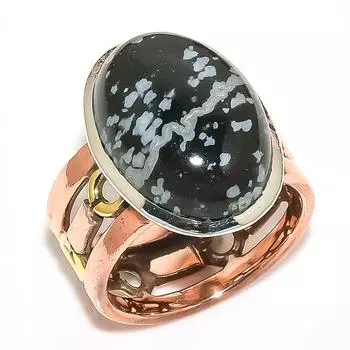 Кольцо из натурального обсидиана со снежинками, двухцветное, из стерлингового серебра 925 пробы, размер S.6.5 e7L19