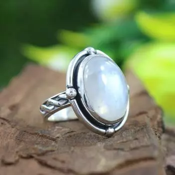 Кольцо из натурального овального лунного камня, кольцо из цельного серебра 925 пробы, богемное кольцо, эффектные украшения, подарок на свадьбу, кольцо с безелем 6