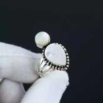 Кольцо из натурального перламутра, регулируемое, из стерлингового серебра 925 пробы - подходит для размеров США от 6 до 10 - украшения ручной работы в стиле бохо для женщин и мужчин, подарки на День святого Валентина Adjustable белый