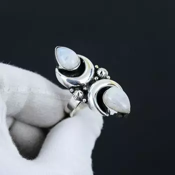 Кольцо из натурального радужного лунного камня, регулируемое, из стерлингового серебра 925 пробы — подходит для размеров США от 6 до 10 — украшения ручной работы в стиле бохо для женщин и мужчин, подарки на День святого Валентина Adjustable белый