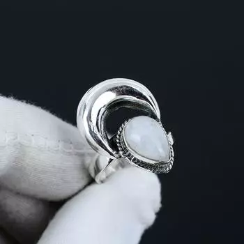 Кольцо из натурального радужного лунного камня, регулируемое, из стерлингового серебра 925 пробы — подходит для размеров США от 6 до 10 — украшения ручной работы в стиле бохо для женщин и мужчин, подарки на День святого Валентина Adjustable белый