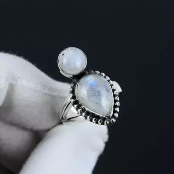 Кольцо из натурального радужного яркого лунного камня, регулируемое, из стерлингового серебра 925 пробы — подходит для размеров США от 6 до 10 — украшения ручной работы в стиле бохо для женщин и мужчин, подарки на День святого Валентина Adjustable белый
