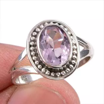 Кольцо из натурального розового аметиста с драгоценным камнем ручной работы из цельного серебра 925 пробы S.7 S9n82