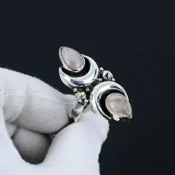 Кольцо из натурального розового кварца, регулируемое, из стерлингового серебра 925 пробы — подходит для размеров США от 6 до 10 — украшения ручной работы в стиле бохо для женщин и мужчин, подарки на День святого Валентина Adjustable розовый