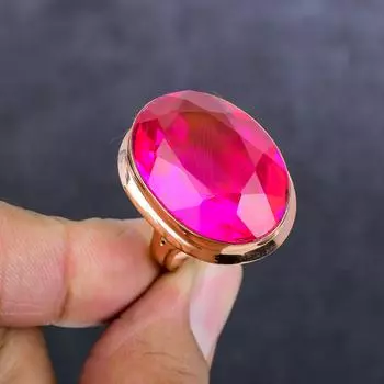 Кольцо из натурального розового рубиллита, медное, ручной работы, размер 8, r5f40