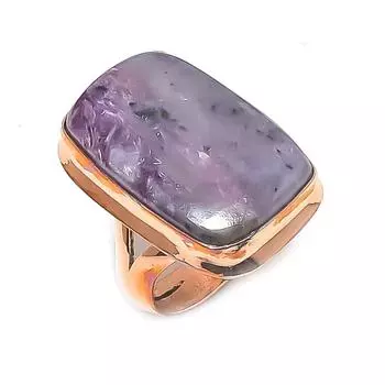 Кольцо из натурального русского драгоценного камня чароит ручной работы из меди, размер 9 D5K87