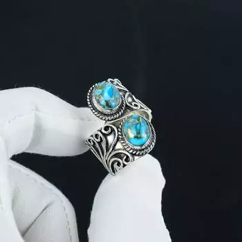 Кольцо из натурального синего медно-бирюзового серебра 925 пробы с регулировкой длины — подходит для размеров США от 6 до 10 — украшения ручной работы в стиле бохо для женщин и мужчин, подарки на День святого Валентина Adjustable синий