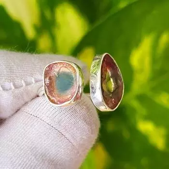 Кольцо из натурального синего необработанного арбузного турмалина из стерлингового серебра 925 пробы 5,5 США, подарок A53 5.5 US