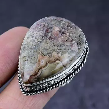 Кольцо из натурального сумасшедшего кружевного агата ручной работы из серебра 925 пробы, размер 9 q0Q13