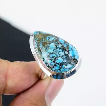 Кольцо из натурального тибетского бирюзового серебра 925 пробы, регулируемое — подходит для размеров США от 6 до 11 — украшения ручной работы в стиле бохо для женщин и мужчин, праздничные наряды в подарок Adjustable синий