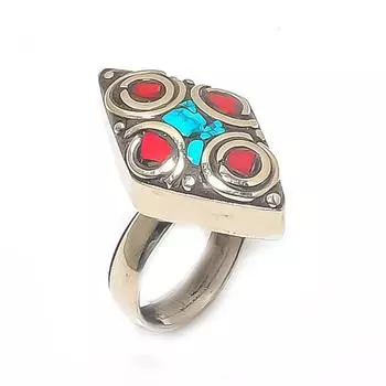 Кольцо из натурального тибетского бирюзового, кораллового серебра 925 пробы, размер регулируется m1r86