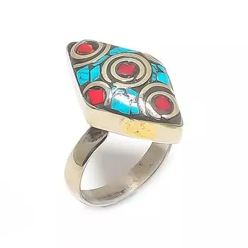 Кольцо из натурального тибетского бирюзового, кораллового серебра 925 пробы, размер регулируется y4D18