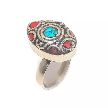 Кольцо из натурального тибетского бирюзового, кораллового серебра 925 пробы, размер регулируется K3n11