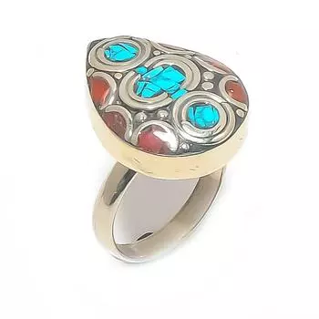 Кольцо из натурального тибетского бирюзового, кораллового серебра 925 пробы, размер регулируется G4U98