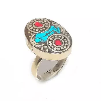 Кольцо из натурального тибетского бирюзового, кораллового серебра 925 пробы, размер регулируется G4e08