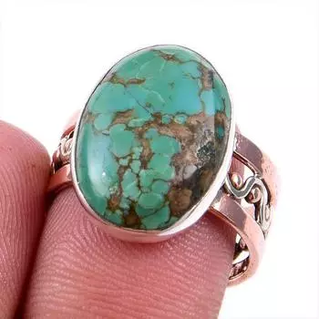 Кольцо из натурального тибетского бирюзового камня, 925 пробы, двухцветное, размер 8US f8s79