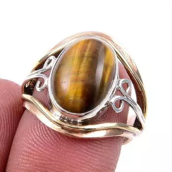 Кольцо из натурального тигрового глаза, 925 пробы, из чистого серебра, двухцветное, S.7US K6E77