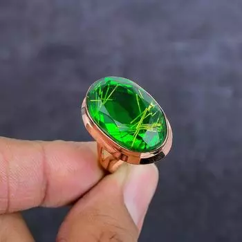 Кольцо из натурального золотого рутила с драгоценным камнем ручной работы из меди, размер 7 H9s04