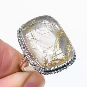 Кольцо из натурального золотого рутила с драгоценным камнем ручной работы из цельного серебра 925 пробы S.8.5 l0s05