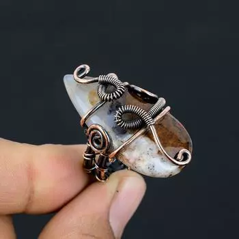 Кольцо из натуральной императорской яшмы ручной работы из медной проволоки, размер 6,5 i7d10