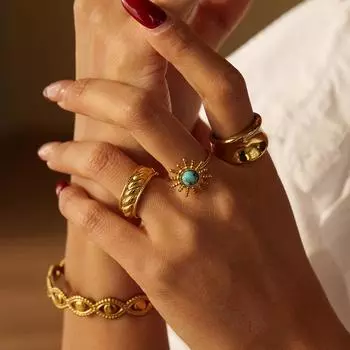 Кольцо из нержавеющей стали с подсолнухом, винтажное бирюзовое, открытое, регулируемое кольцо