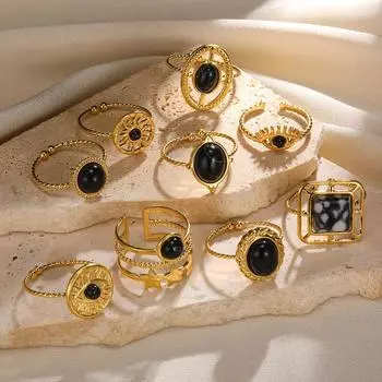 Кольцо из нержавеющей стали с покрытием PVD, винтажные квадратные овальные кольца из натурального камня для женщин, открытые ювелирные изделия из золота 18 карат, подарок на годовщину