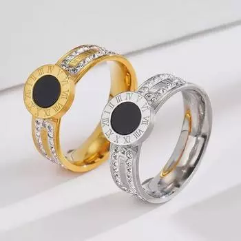 Кольцо из нержавеющей стали с римскими цифрами и стразами – сохраняет цвет, стильно, в европейском и американском стиле Size 6