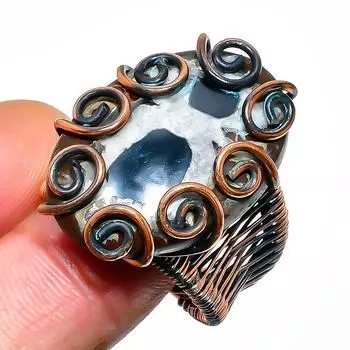 Кольцо из окаменелого драгоценного камня с трещиной в грязи, размер 8, ручная работа, медная проволока