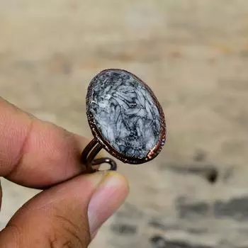 Кольцо из пинолита с яшмой, медное кольцо, изготовленное методом гальванопластики, ювелирные изделия ручной работы с драгоценными камнями, регулируемые кольца, ювелирные изделия, изготовленные методом гальванопластики, уникальное кольцо, подарок на годовщ