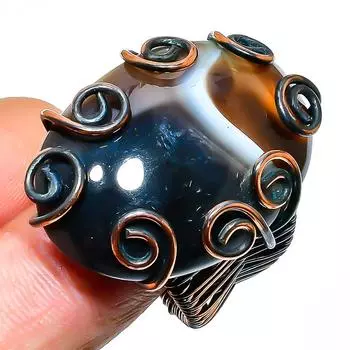 Кольцо из полосчатого агата с драгоценным камнем, обмотанное вручную медной проволокой, размер 7