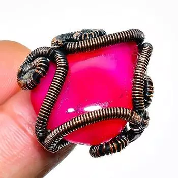 Кольцо из розового кружевного агата с драгоценным камнем, обёрнутое вручную медной проволокой, размер 9