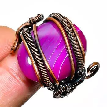 Кольцо из розового кружевного агата с драгоценным камнем, обёрнутое вручную медной проволокой, размер 9