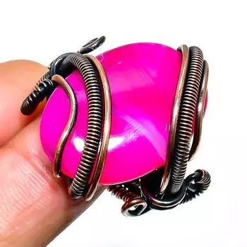 Кольцо из розового кружевного агата с драгоценным камнем, обёрнутое вручную медной проволокой, размер 8