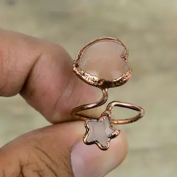 Кольцо из розового кварца, гальваническое медное кольцо, ювелирные изделия из драгоценных камней, регулируемое кольцо ручной работы, кольцо с радужным лунным камнем, гальваническое ювелирное изделие для подарков