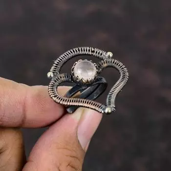 Кольцо из розового кварца, кольцо из медной проволоки, регулируемое кольцо, медные украшения ручной работы, оригинальное кольцо с драгоценным камнем, ювелирное изделие, подарок на свадьбу