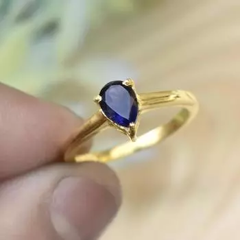 Кольцо из серебра 925 пробы, кольцо-груша с синим сапфиром, созданное в лаборатории, кольцо из желтого золота, кольцо для установки зубца, штабелируемое кольцо, кольцо ручной работы 6